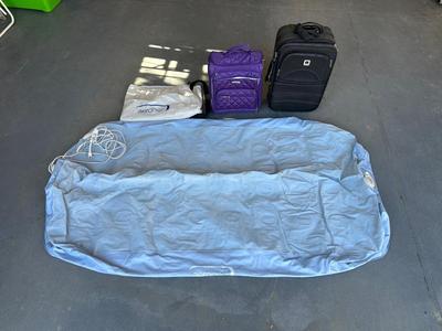 FULL SIZE AEROBED AIR MATTRESS, 2 SUITCASES AND A NECK PILLOW