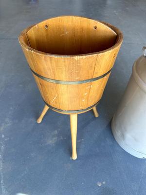 OLD MILK CAN AND A BARREL MAGAZINE STAND