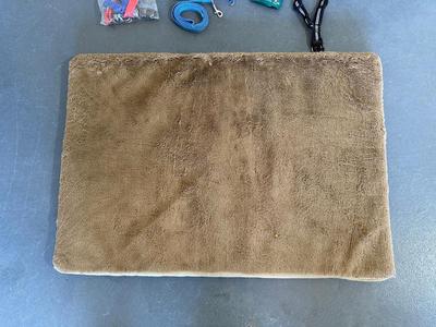 SOFT DOG BED, PARTIAL BAG OF DOG FOOD, FOOD STORAGE CONTAINER, GROOMING ITEMS AND MORE