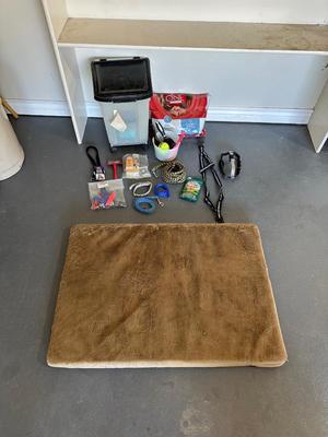 SOFT DOG BED, PARTIAL BAG OF DOG FOOD, FOOD STORAGE CONTAINER, GROOMING ITEMS AND MORE
