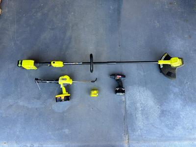 RYOBI CORDLESS WEED CUTTER & CAULKING GUN PLUS CORDLESS DRILL