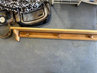 LONG WALL SHELF W/PEGS, CLOTH TOTE BAGS, 3 TIER CART ON WHEELS