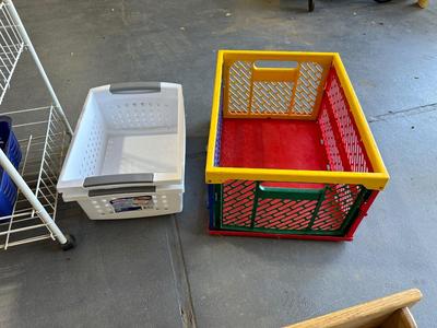 LONG WALL SHELF W/PEGS, CLOTH TOTE BAGS, 3 TIER CART ON WHEELS