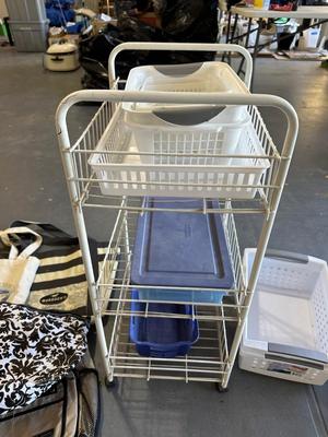 LONG WALL SHELF W/PEGS, CLOTH TOTE BAGS, 3 TIER CART ON WHEELS