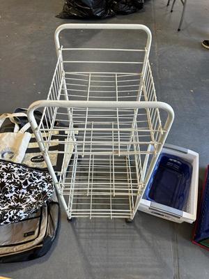 LONG WALL SHELF W/PEGS, CLOTH TOTE BAGS, 3 TIER CART ON WHEELS