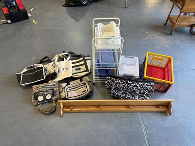 LONG WALL SHELF W/PEGS, CLOTH TOTE BAGS, 3 TIER CART ON WHEELS