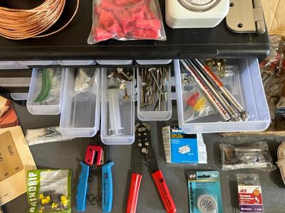 HARDWARE IN ORGANIZER, 220V CORD, WIRE STRIPPERS AND MORE