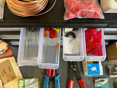 HARDWARE IN ORGANIZER, 220V CORD, WIRE STRIPPERS AND MORE