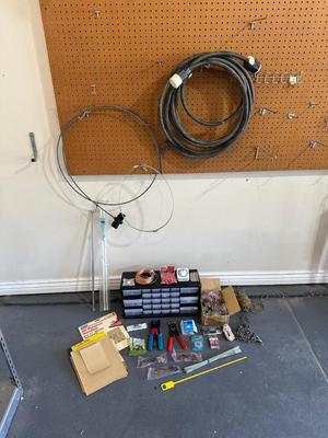 HARDWARE IN ORGANIZER, 220V CORD, WIRE STRIPPERS AND MORE