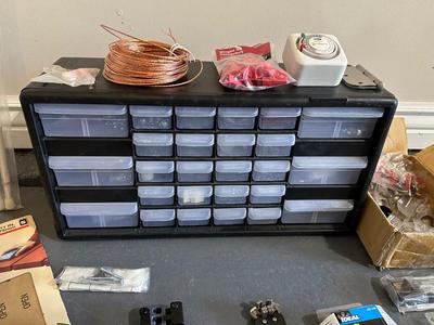HARDWARE IN ORGANIZER, 220V CORD, WIRE STRIPPERS AND MORE