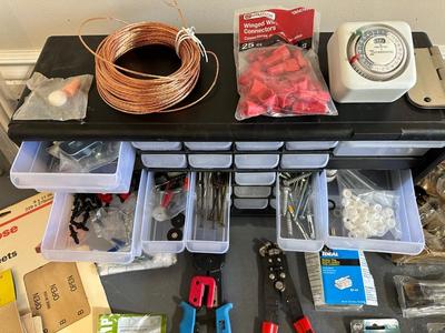 HARDWARE IN ORGANIZER, 220V CORD, WIRE STRIPPERS AND MORE