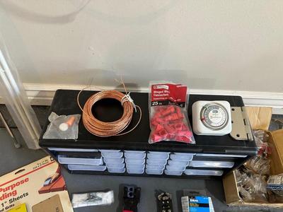 HARDWARE IN ORGANIZER, 220V CORD, WIRE STRIPPERS AND MORE
