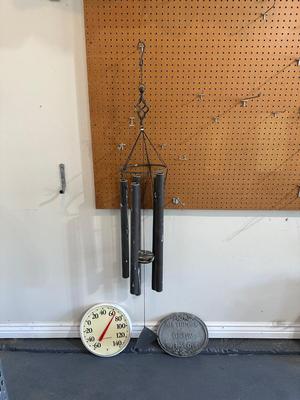 LARGE METAL WIND CHIME, THERMOMETER, STEEL STEPPING STONE