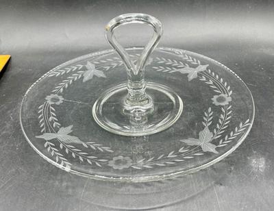 Vintage Etched Glass Center Handle Sandwich / Tidbit Tray