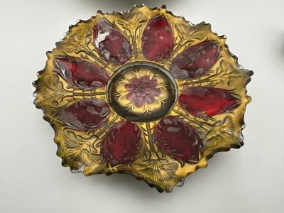 Two Antique Victorian Goofus Glass Plate Bowl