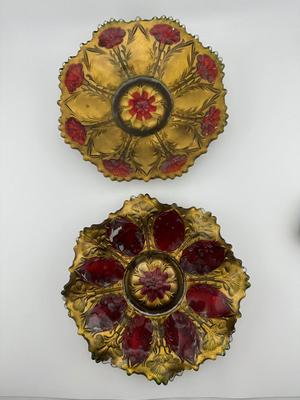 Two Antique Victorian Goofus Glass Plate Bowl