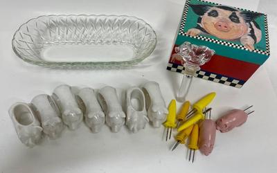 Collectible Pig Lot - Kitchen Recipe Box Corn Stabbers Napkin rings wine stopper
