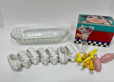 Collectible Pig Lot - Kitchen Recipe Box Corn Stabbers Napkin rings wine stopper