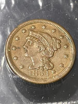 1854 VF/EF CONDITION BRAIDED HAIR LARGE CENT TYPE COIN SOME LIGHT SCRATCHES ABOVE THE "E" IN CENT.