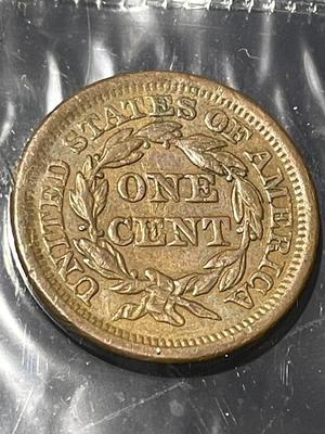 1854 VF/EF CONDITION BRAIDED HAIR LARGE CENT TYPE COIN SOME LIGHT SCRATCHES ABOVE THE "E" IN CENT.