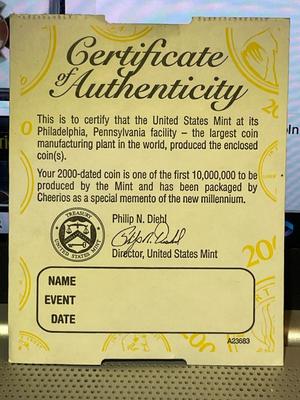 SEALED Cheerios 2000 Lincoln Penny Cent Coin Uncirculated w/COA Millennium Promotion as Pictured.