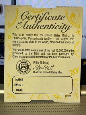 SEALED Cheerios 2000 Lincoln Penny Cent Coin Uncirculated w/COA Millennium Promotion as Pictured.