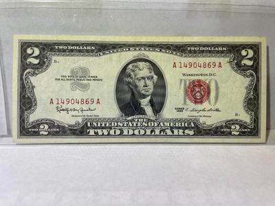 Series of 1963 $2 Dollar Bill-U.S. Red Seal-Low Serial #A14904869A Nice AU/Uncirculated Circulated Condition as Pictured.