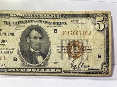 Series of 1929 Circulated Condition $5 New York City/NY National Currency Bank Note as Pictured.