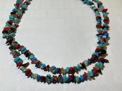 Vintage Preowned 17" Double Strand Turquoise/Coral/Misc Chip Bead Necklace in Good Condition.