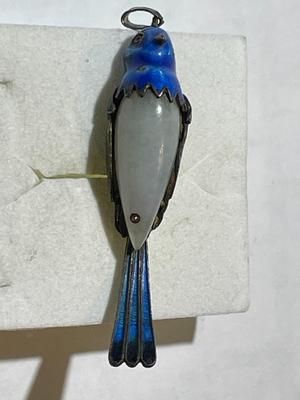 Antique Chinese Export Jade Cocoon Blue Bird Enamel Gilded Silver Pendant in VG Preowned Condition