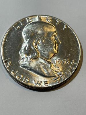 1955 BU CONDITION FRANKLIN SILVER HALF DOLLAR AS PICTURED.