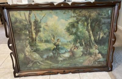 Vintage Mid-Century Print w/Hand Carved Dark Wooden Frame Size 29" x 40" in Good Preowned Condition.