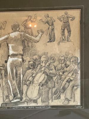 LOUIS H. VERNON (Artist) Charcoal/Drawing of Conductor & Orchestra 23" x 26" in Good Preowned Condition.