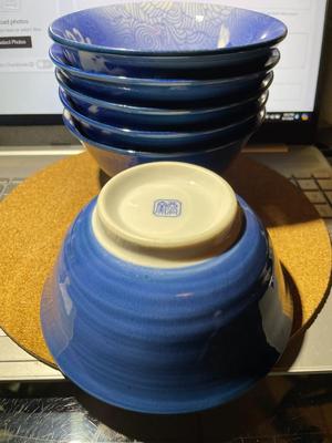 6-Vintage Japanese Blue Porcelain Crane Bird Rice/Soup Bowls 5.25" Diameter in VG Preowned Condition.