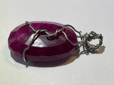 Wired Frame Huge Red Tourmaline/Ruby-like Faceted OVAL Shaped Stone Pendant Heavily Included and Even Fractured,