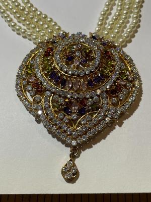 Vintage Indian Wedding Bridal Gold Plated Faux Pearl & Colored Stone Necklace 22"+ Plus & Adjustable in Good Preowned Condition