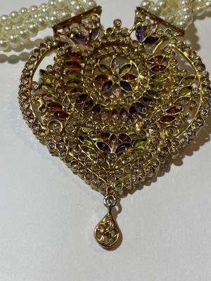 Vintage Indian Wedding Bridal Gold Plated Faux Pearl & Colored Stone Necklace 22"+ Plus & Adjustable in Good Preowned Condition