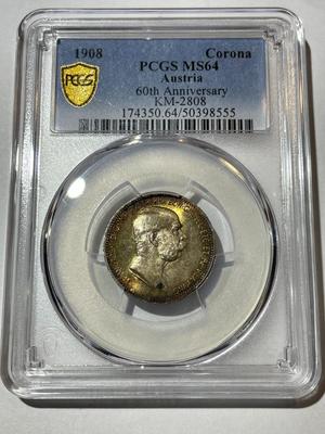 PCGS CERTIFIED AUSTRIA 1908 MS64 CORONA KM-2808 60TH ANNIVERSARY GORGEOUS TONED SILVER COIN.