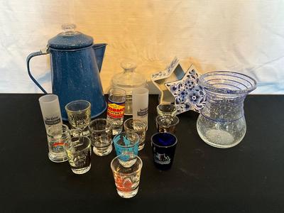 Enamelware Blue Coffee Pot w/shot glasses, candy dishes