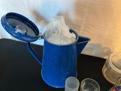 Enamelware Blue Coffee Pot w/shot glasses, candy dishes