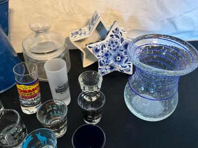 Enamelware Blue Coffee Pot w/shot glasses, candy dishes