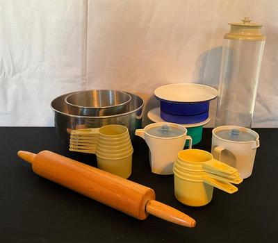 Baking good, measuring cups, rolling pin, bowls