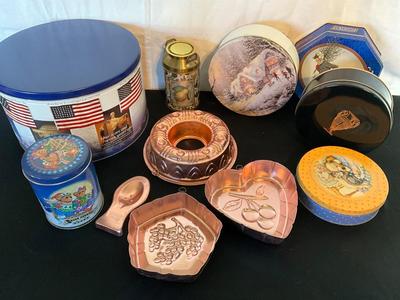 Vintage copper tone jello molds, and canisters