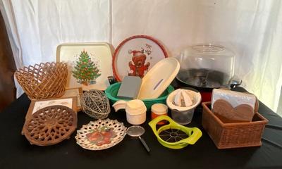 Popcorn popper, Tupperware measuring cups, butter server, bowl etc
