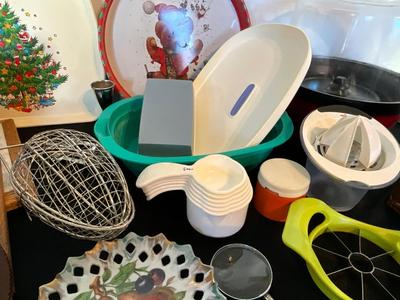 Popcorn popper, Tupperware measuring cups, butter server, bowl etc