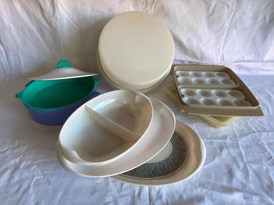 Lenox serving platters and colored tupperware