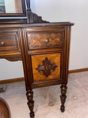 ANTIQUE VANITY and GLASS FOOTED STOOL HUNTLEY SIMMONS FURNITURE COMPANY