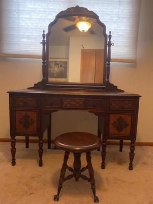 ANTIQUE VANITY and GLASS FOOTED STOOL HUNTLEY SIMMONS FURNITURE COMPANY