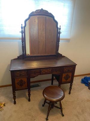 ANTIQUE VANITY and GLASS FOOTED STOOL HUNTLEY SIMMONS FURNITURE COMPANY