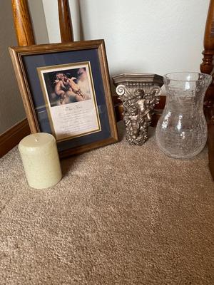 THE KISS PRINT, ANGEL CURTAIN SASH HOLDERS, CANDLE AND VASE
